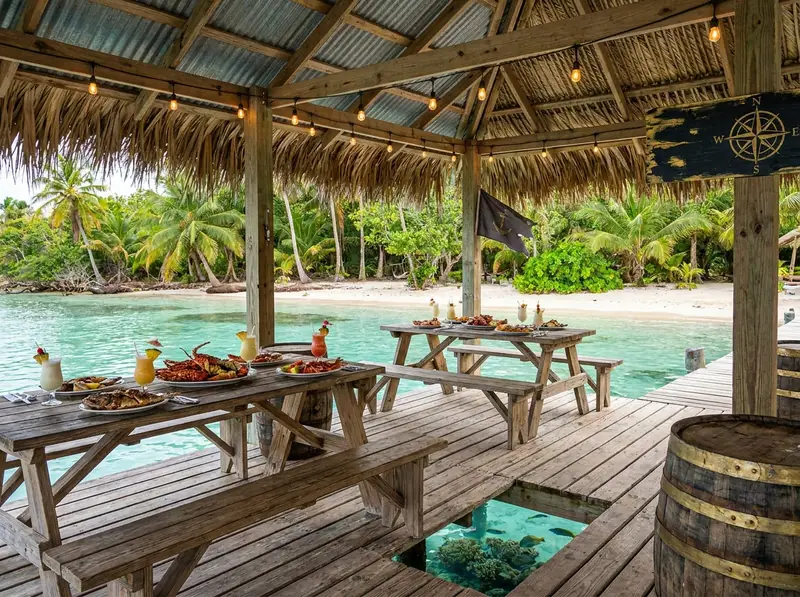 Thatch-roof dining over the water